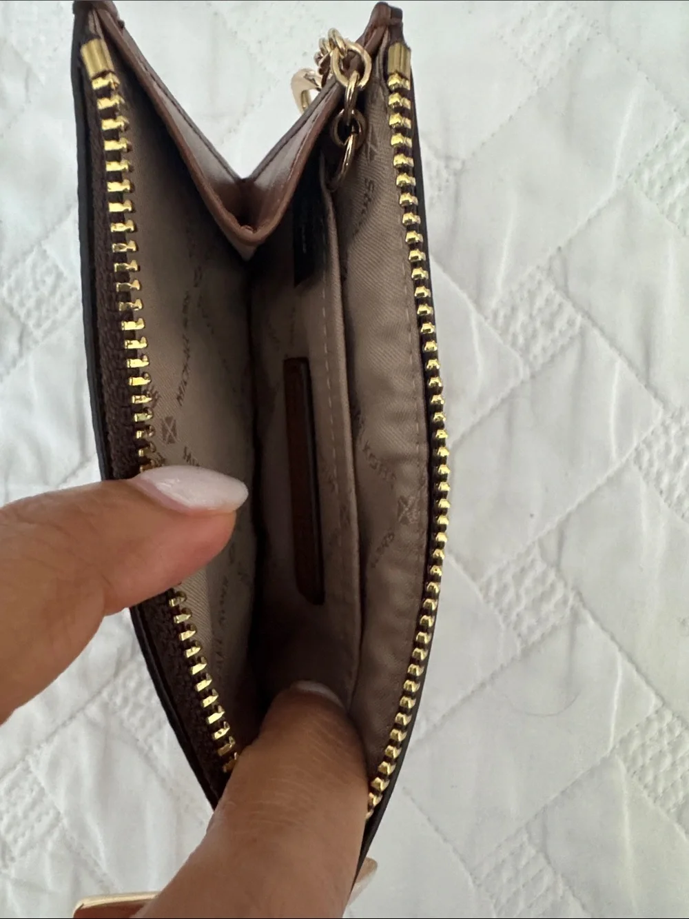 Michael Kors Brown Logo Zip Card Pouch with Gold Hardware